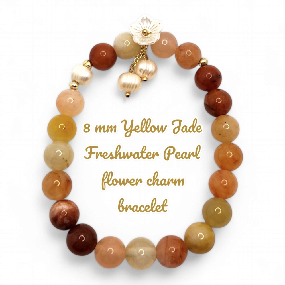 8 mm Yellow Jade, Freshwater Pearls and Flower charm bracelet